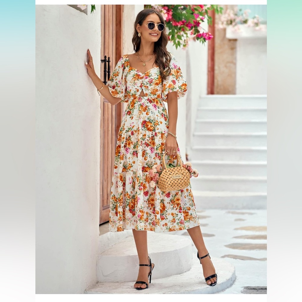 Floral Puff Sleeve Midi Dress w/ Cut-Out | Size M | - Picture 6 of 9